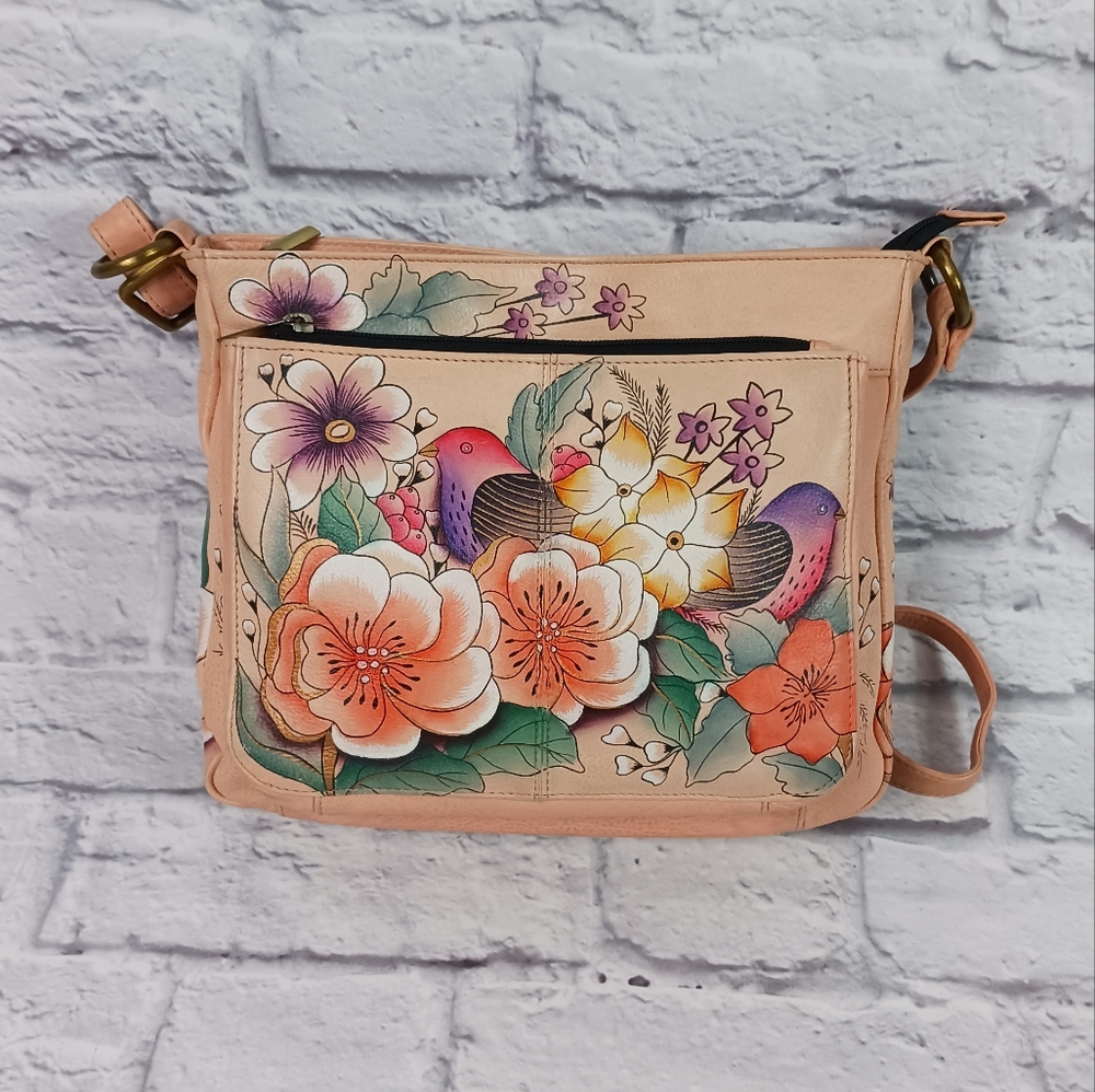 Anna by Anuschka pink blush and floral  bird print leather crossbody bag